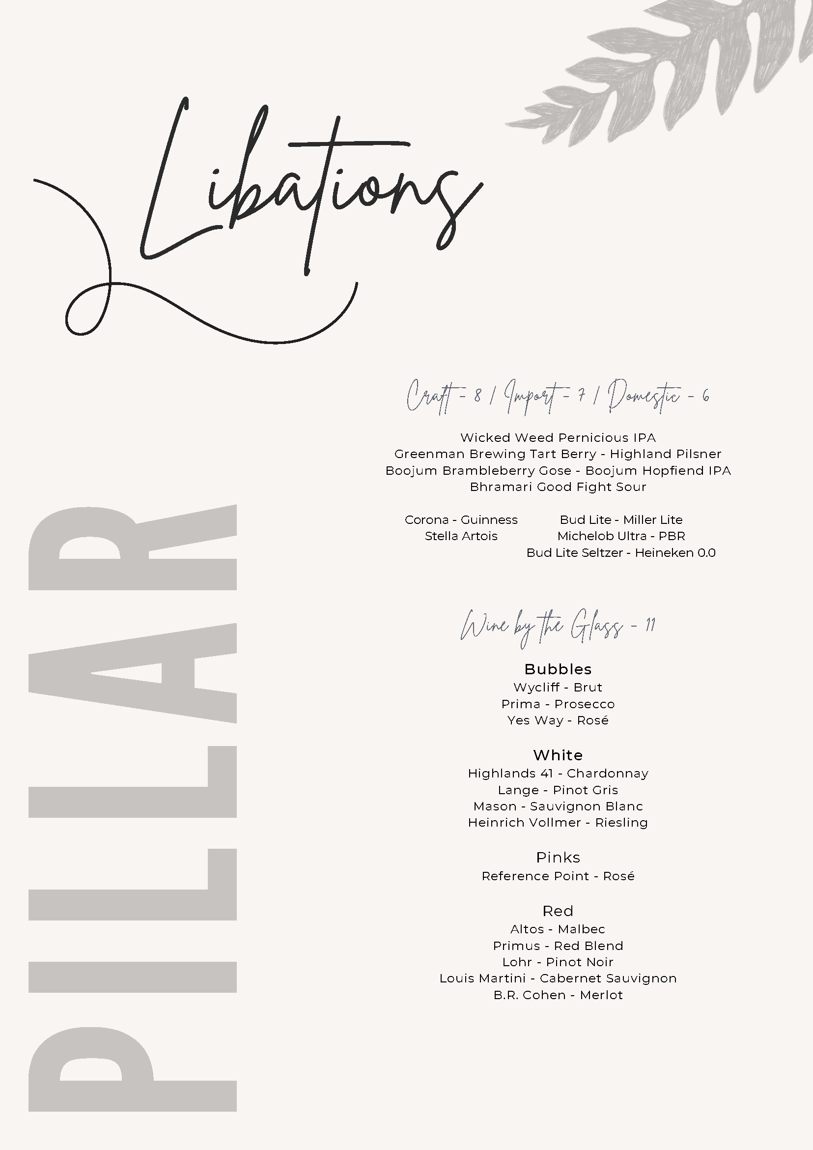 Beer & Wine Menu Pillar Rooftop Bar Asheville, NC