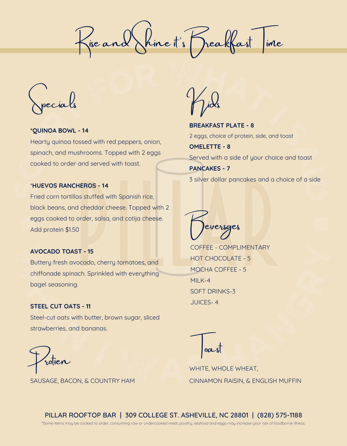 Food + Drink Menus at Pillar an Asheville Rooftop Bar